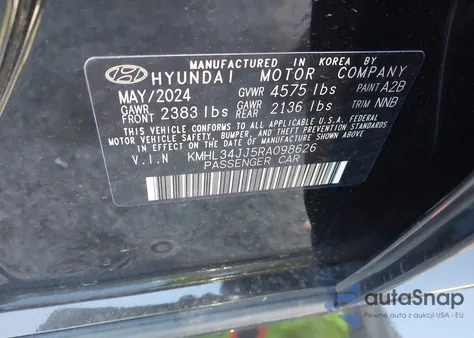 2024 Hyundai Sonata Hybrid Sel из США, поврежденный, VIN KMHL34JJ5RA098626